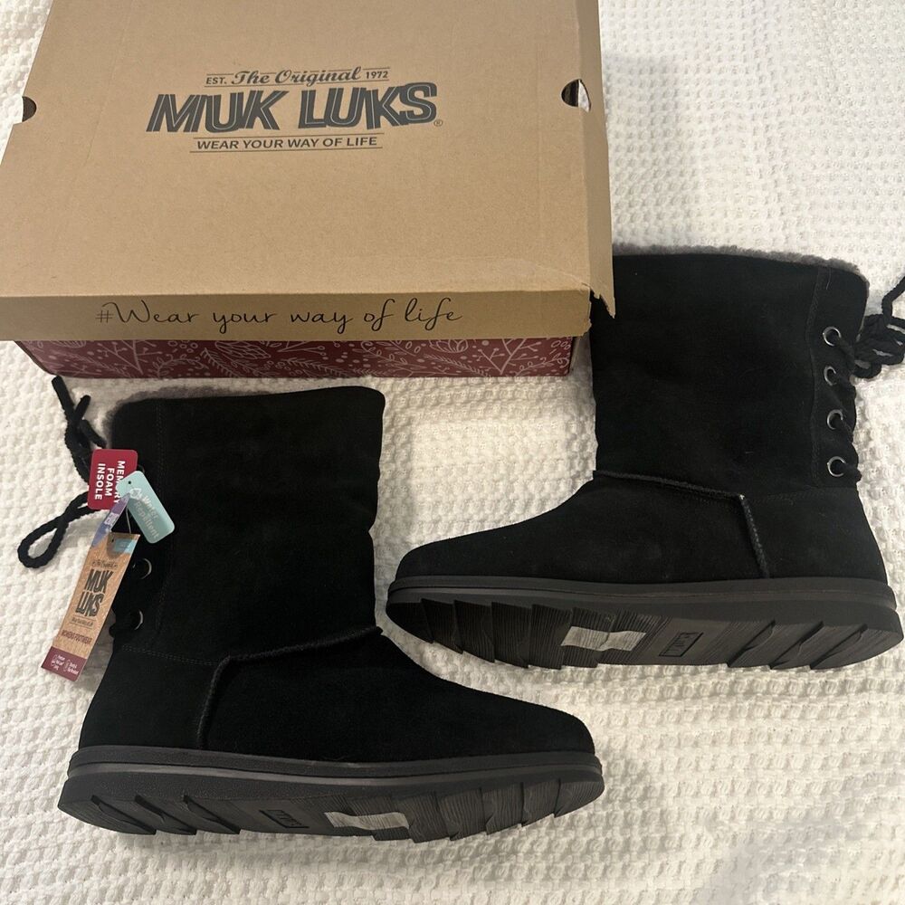 NIB Muk Luks Women's Boots Sz 10 Ziggy Rodeo Black Suede Faux Fur